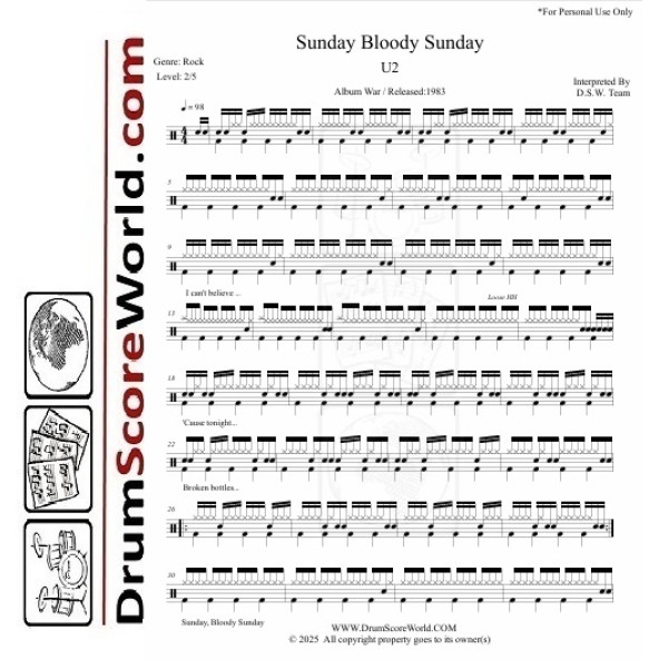 U2 – Sunday Bloody Sunday | Drum Sheet